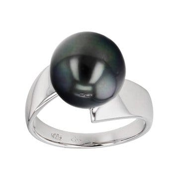 Cultured Tahitian Pearl Rhodium Over Sterling Silver Ring