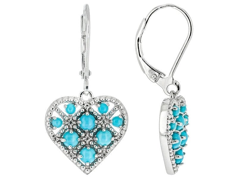 Blue Sleeping Beauty Turquoise Rhodium Over Sterling Silver Heart Earrings 0.03ctw