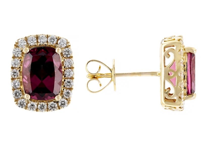 Grape Color Garnet With White Diamond 14k Yellow Gold Earrings 3.20ctw