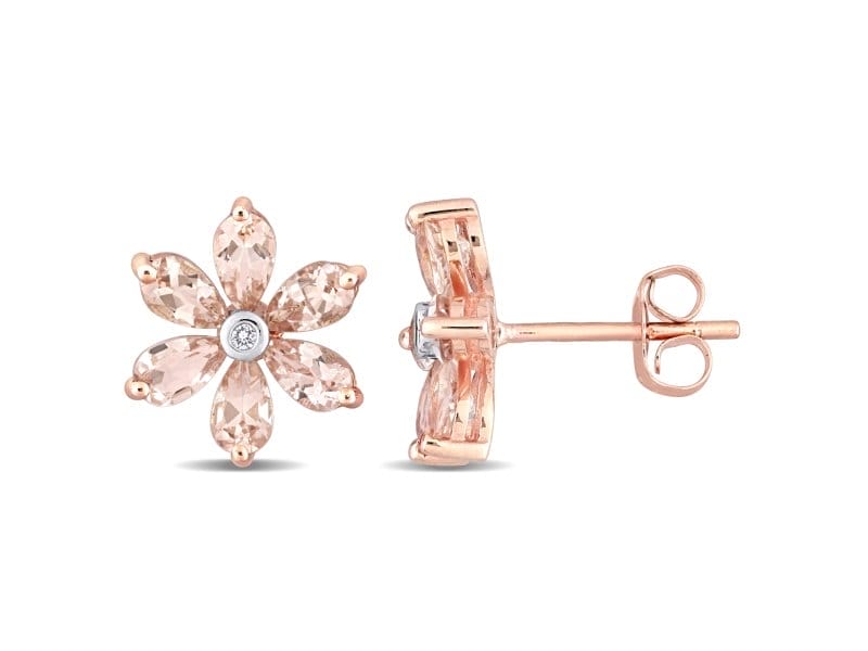 3ctw Morganite With Diamond Accent 10k Rose Gold Flower Stud Earrings