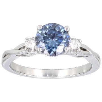 Blue and Colorless Moissanite Platineve Three Stone Ring 1.42ctw DEW.