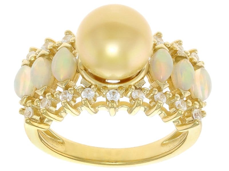 Golden Cultured South Sea Pearl Ethiopian Opal & White Zircon 18k Yellow Gold Over Silver Ring