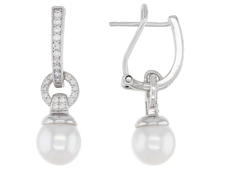 White Cultured Japanese Akoya Pearl & 0.42ctw White Zircon Rhodium Over Sterling Silver Earrings