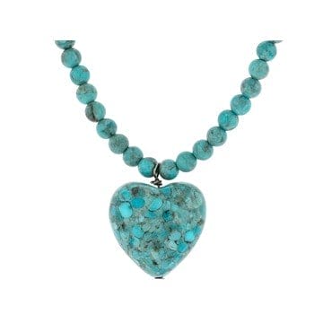 Blue Turquoise Rhodium Over Sterling Silver Beaded Heart Necklace