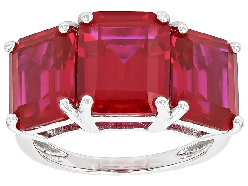 Red Lab Created Ruby Rhodium Over Sterling Silver 3-Stone Ring 12.24ctw