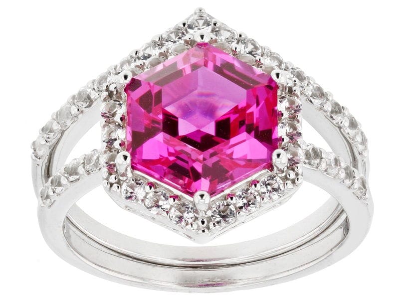 Pink Lab Created Sapphire Rhodium Over Sterling Silver Ring Set 3.89ctw