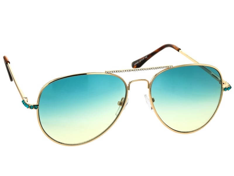 Multi-Color Crystal Green & Yellow Gold Tone Aviator Sunglasses