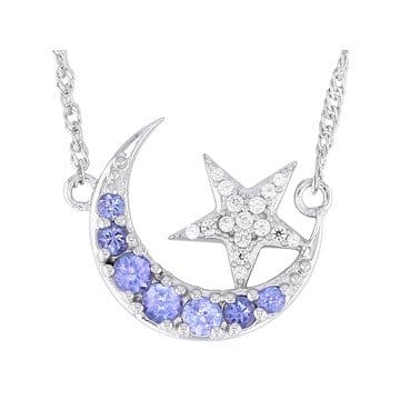 Blue Tanzanite Rhodium Over Sterling Silver Moon & Star Necklace 0.60ctw