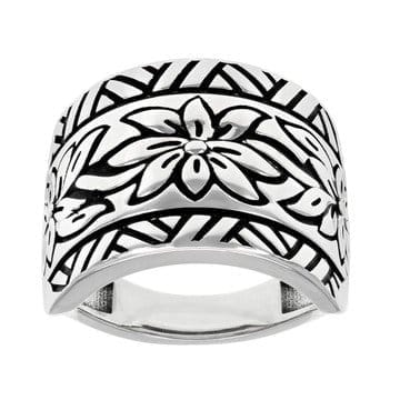 Rhodium Over Sterling Silver Oxidized Flower Design Dome Ring