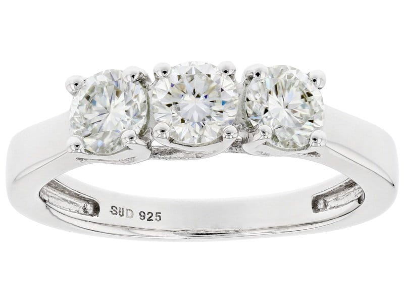 Moissanite Platineve Three Stone Ring .99ctw DEW.