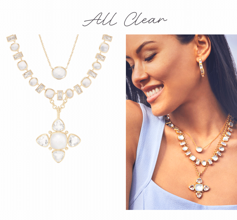 All Clear - Model Wears JV Nassau Solitiare Necklace, Antonia Tennis Necklace, and Aquitaine Pendant in Clear Crystal - Shop Now