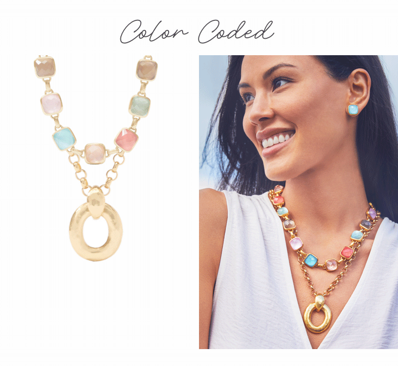 Color Coded - Model wears Julie Vos gold Palermo Pendant and Catalina Stone Necklace in Multi-Stone - Shop Now