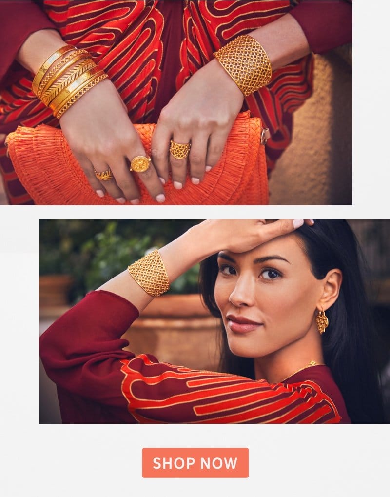 Model wears Julie Vos Gold Helene Collection jewels and classic gold jewels - Shop Now