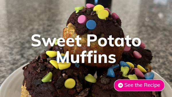 Sweet Potato Muffins with chocolate frosting and colorful chips