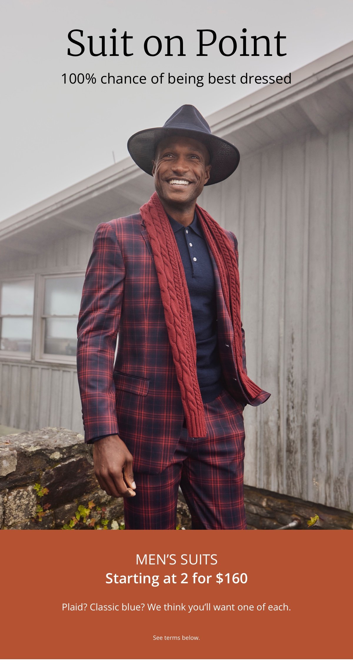 Suit on Point 100% chance of being best dressed. Men s Suits Starting at 2 for \\$160 Plaid? Classic blue? We think you ll want one of each. See terms below.
