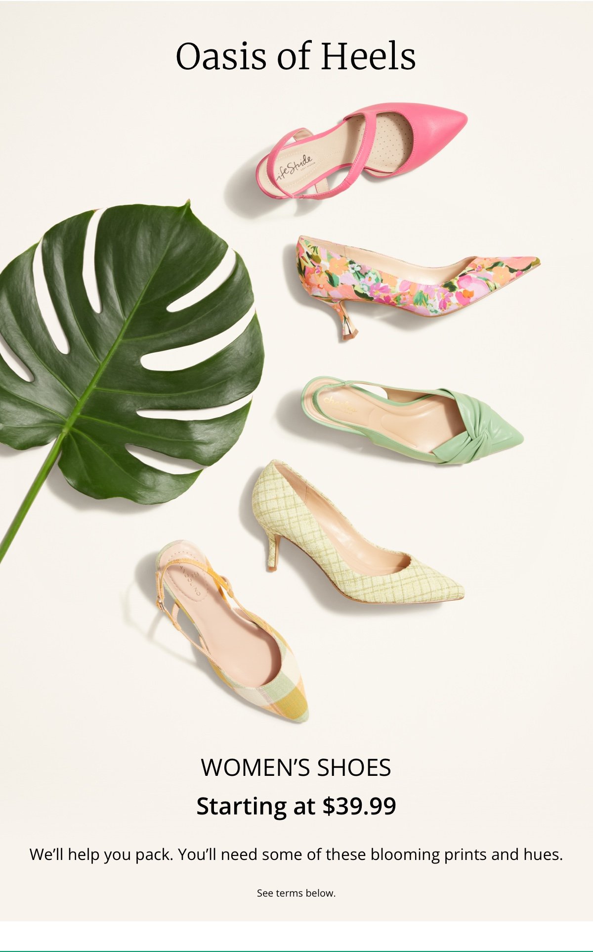 Oasis of Heels|Women’s Shoes|Starting at \\$39.99|We’ll help you pack. You’ll need some of these blooming prints and hues.|See terms below.