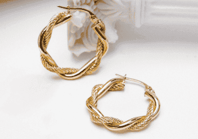 Reaura Twisted Mesh Hoop Earrings Repurposed 14K Yellow Gold 26mm