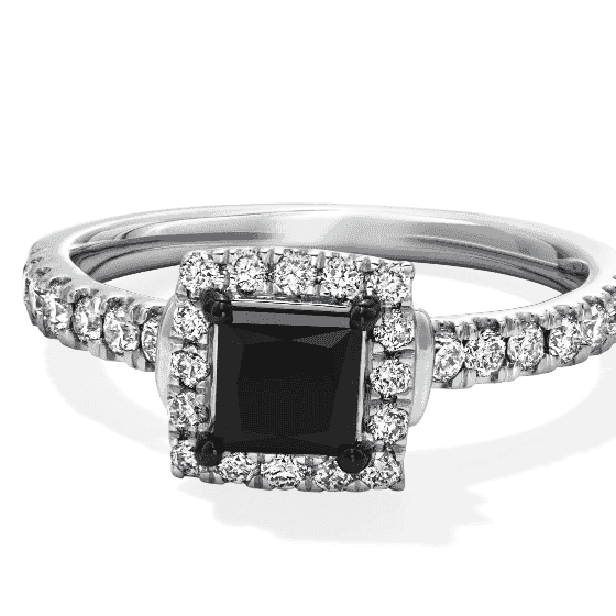 Princess-Cut Black Diamond & Round-Cut White Diamond Engagement Ring 1-1/5 ct tw 14K White Gold