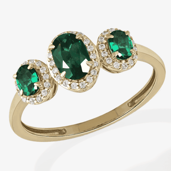 Three-Stone Emerald & Diamond Ring 1/8 ct tw Oval, Round-Cut 10K Yellow Gold