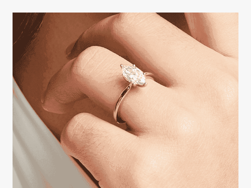 A Lab-Created Marquise-Cut Solitaire Gold Engagement ring prominently displayed on a hand.