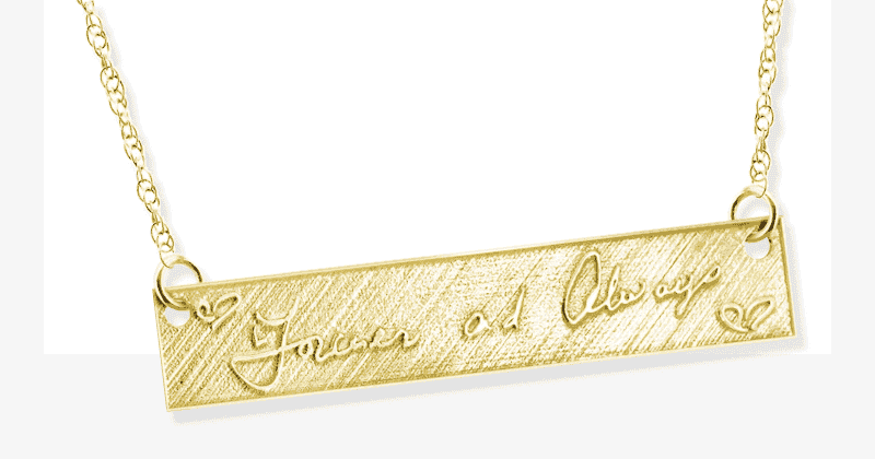 Your Own Handwriting Embossed Bar Necklace 10K Yellow Gold 18''