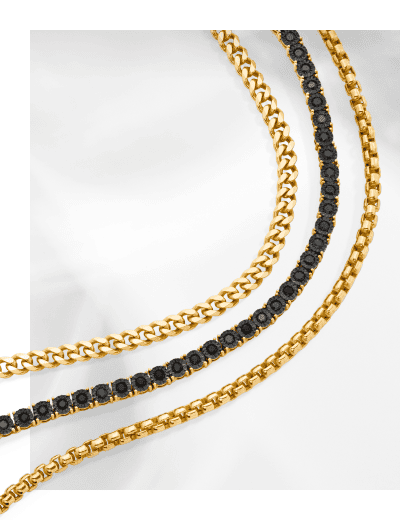 Various men's chains, including yellow gold chains and a black diamond tennis necklace.