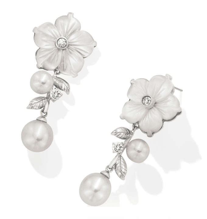 Cultured Pearl, White Lab-Created Sapphire & Mother-of-Pearl Flower Drop Earrings Sterling Silver