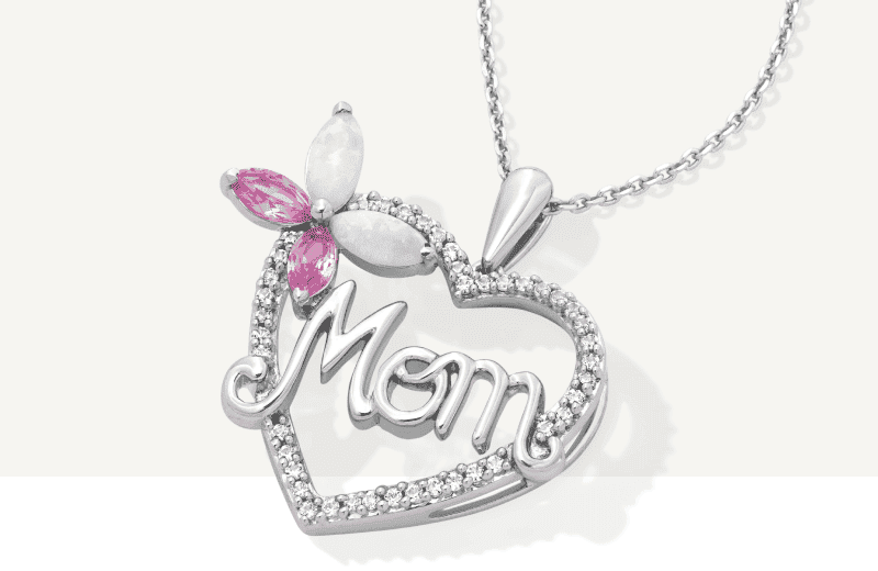 Lab-Created Opal/ Pink & White Lab-Created Sapphire Mom Necklace Sterling Silver 18''