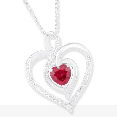 Lab-Created Ruby & White Lab-Created Sapphire Heart Necklace Sterling Silver 18''