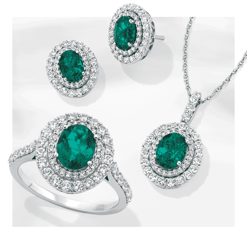 Oval-Cut Lab-Created Emerald & White Lab-Created Sapphire Gift Set Sterling Silver