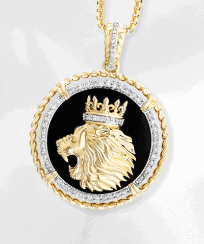 Men's Diamond & Black Onyx King Lion Head Medallion Necklace 1/2 ct tw 10K Yellow Gold 22''