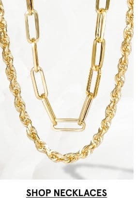 Image of yellow gold chains. Click SHOP NECKLACES >