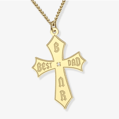 Men's Diamond Accent Best Dad & Initials Cross Necklace 10K Yellow Gold 22''