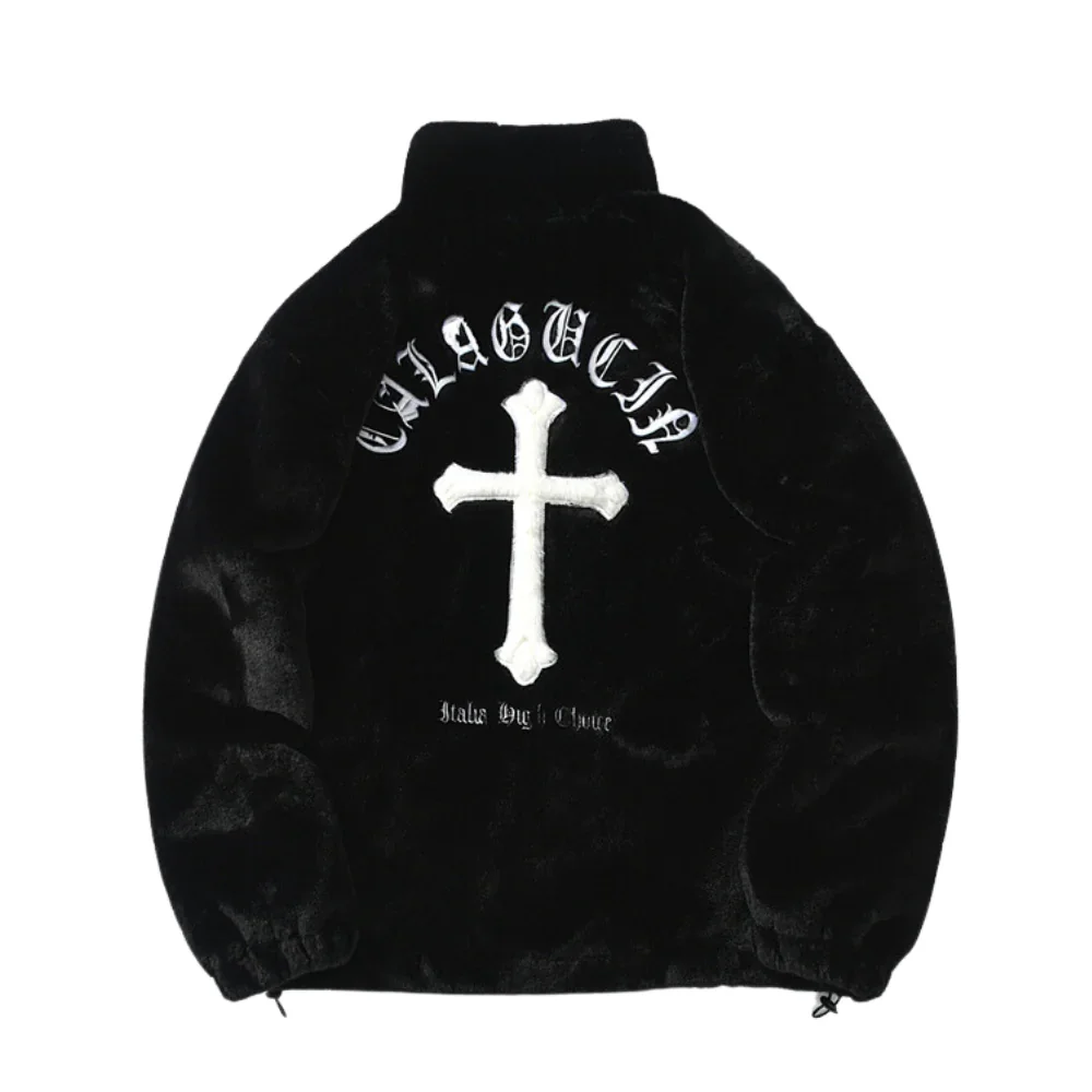 Image of Hip Hop Cross Embroidery Fleece Coat