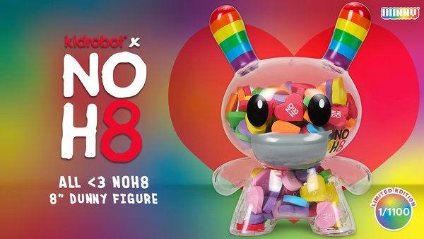 KIDROBOT X NOH8 "ALL <3 NOH8" 8” RAINBOW CLEAR SHELL DUNNY FILLED WITH HEARTS