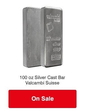 100 oz Silver cast bar - Valcambi Suisse on SALE