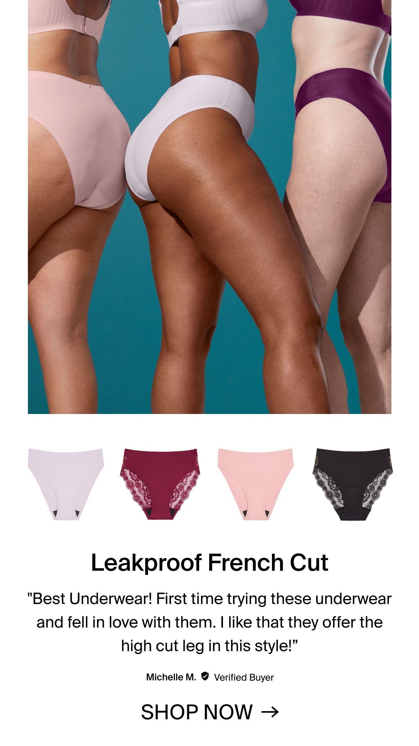 Leakproof French Cut "Best Underwear! First time trying these underwear and fell in love with them. I like that they offer the high cut leg in this style!" - Michelle M Verified Buyer. Shop Now