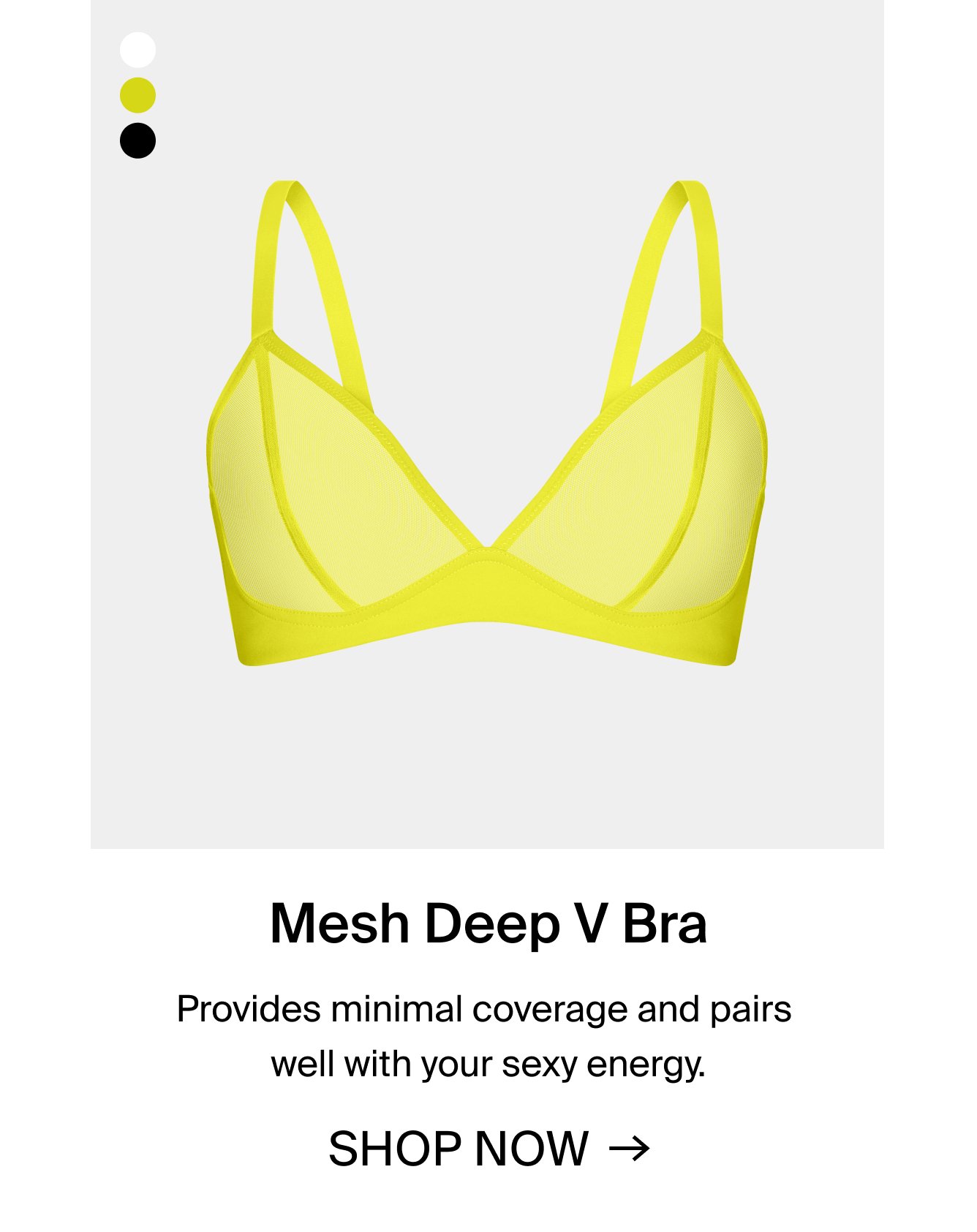 Mesh Deep V Bra. Provides minimal coverage and pairs well with your sexy energy. SHOP NOW.