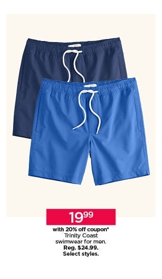 19.99 with 20% off coupon on trinity coast swimwear for men. select styles.