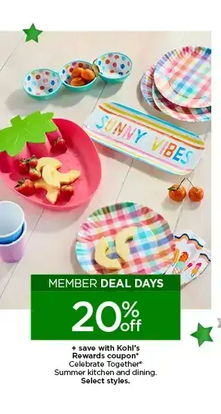 Member deal days. 20% off plus save with Kohl's rewards coupon Celebrate Together Summer kitchen and dining. Select styles.