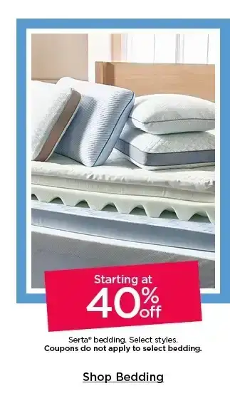 starting at 40% off plus save with coupon serta bedding. select styles. shop bedding.