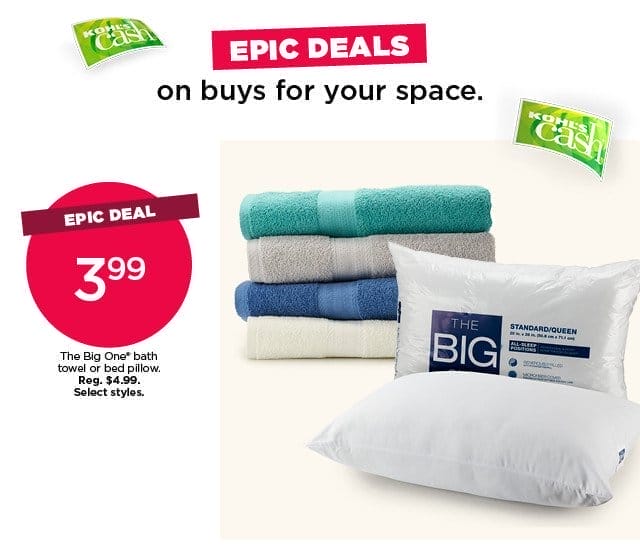 Epic deal. \\$3.99 The Big One bath towel or bed pillow. Select styles.