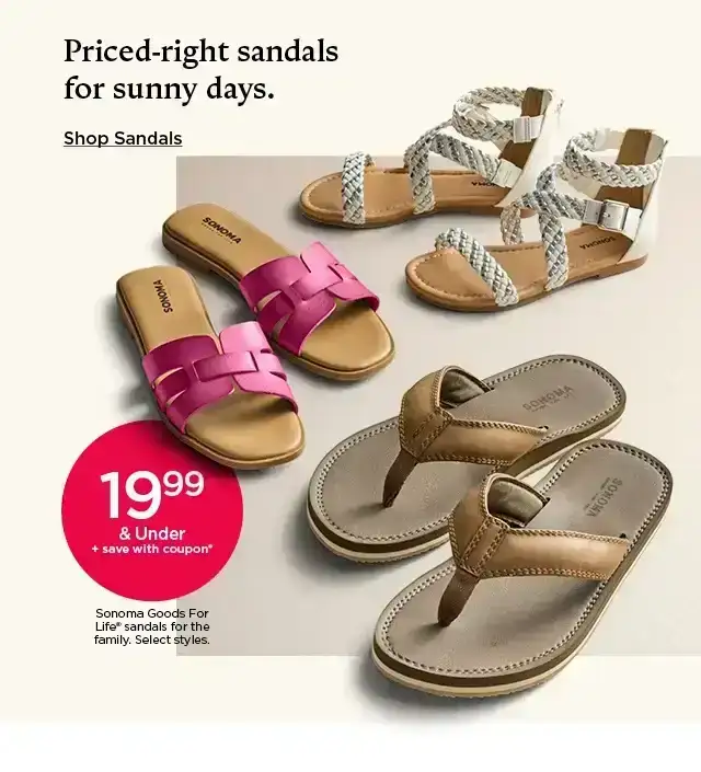 19.99 and under plus save with coupon on sonoma goods for life sandals for the family. select styles. shop sandals.