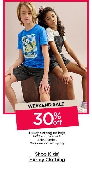 weekend sale 30% off hurley clothing for boys and girls. select styles. coupons do not apply. shop kids' hurley clothing.