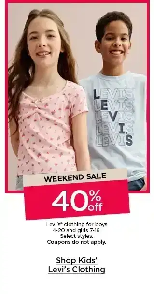 weekend sale 40% off levi's clothing for boys and girls. select styles. coupons do not apply. shop kids' levi's clothing.