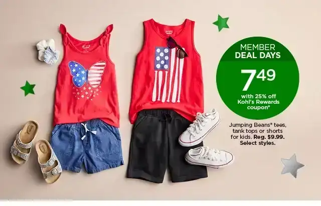 member deal days 7.49 with 25% off kohl's rewards coupon on jumping beans tees, tank tops or shorts for kids. select styles.