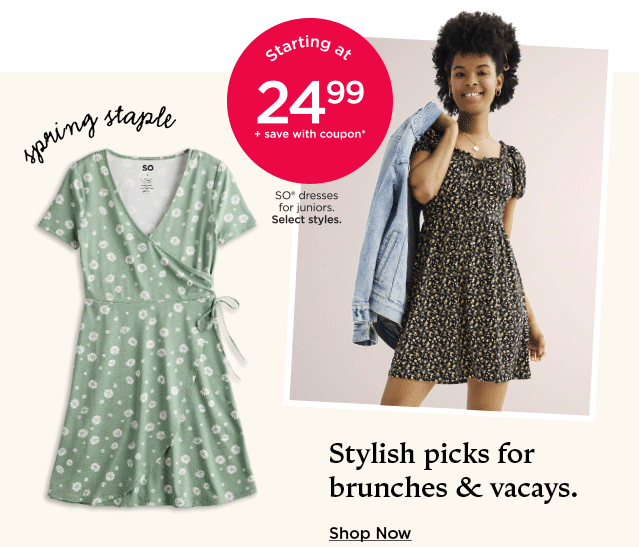 starting at \\$24.99 plus save with coupon so dresses for juniors. select styles.