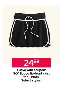 \\$24.99 plus save with coupon so fleece tie-front skirt for juniors. select styles. shop now. 