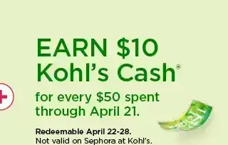 earn \\$10 kohls cash for every \\$50 spent. not valid on sephora at kohl's. shop now.