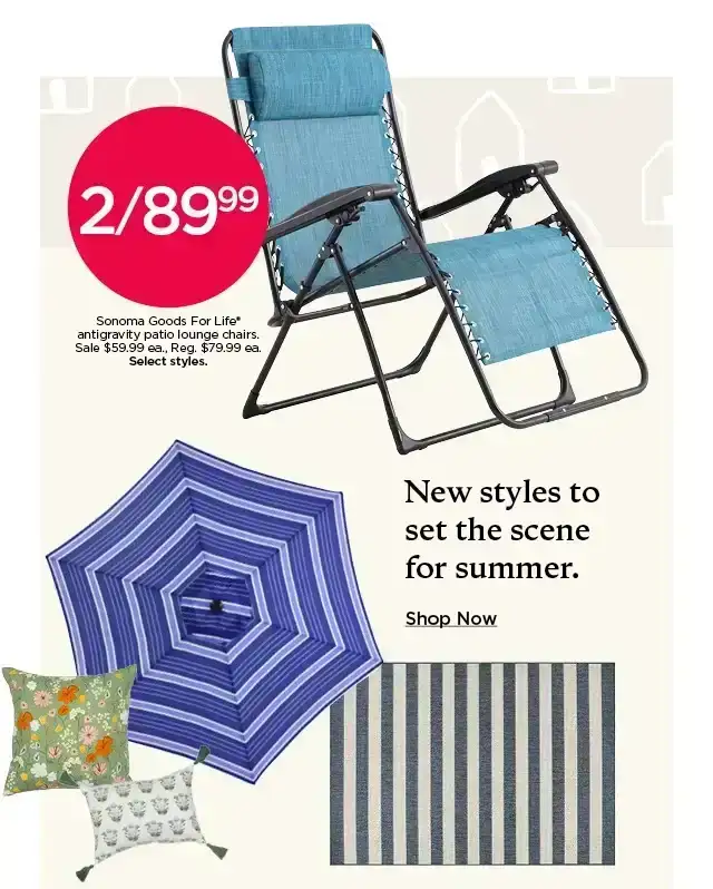 Two for \\$89.99 Sonoma Goods For Life antigravity patio lounge chairs. Sale \\$59.99 each. Select styles. Shop now.